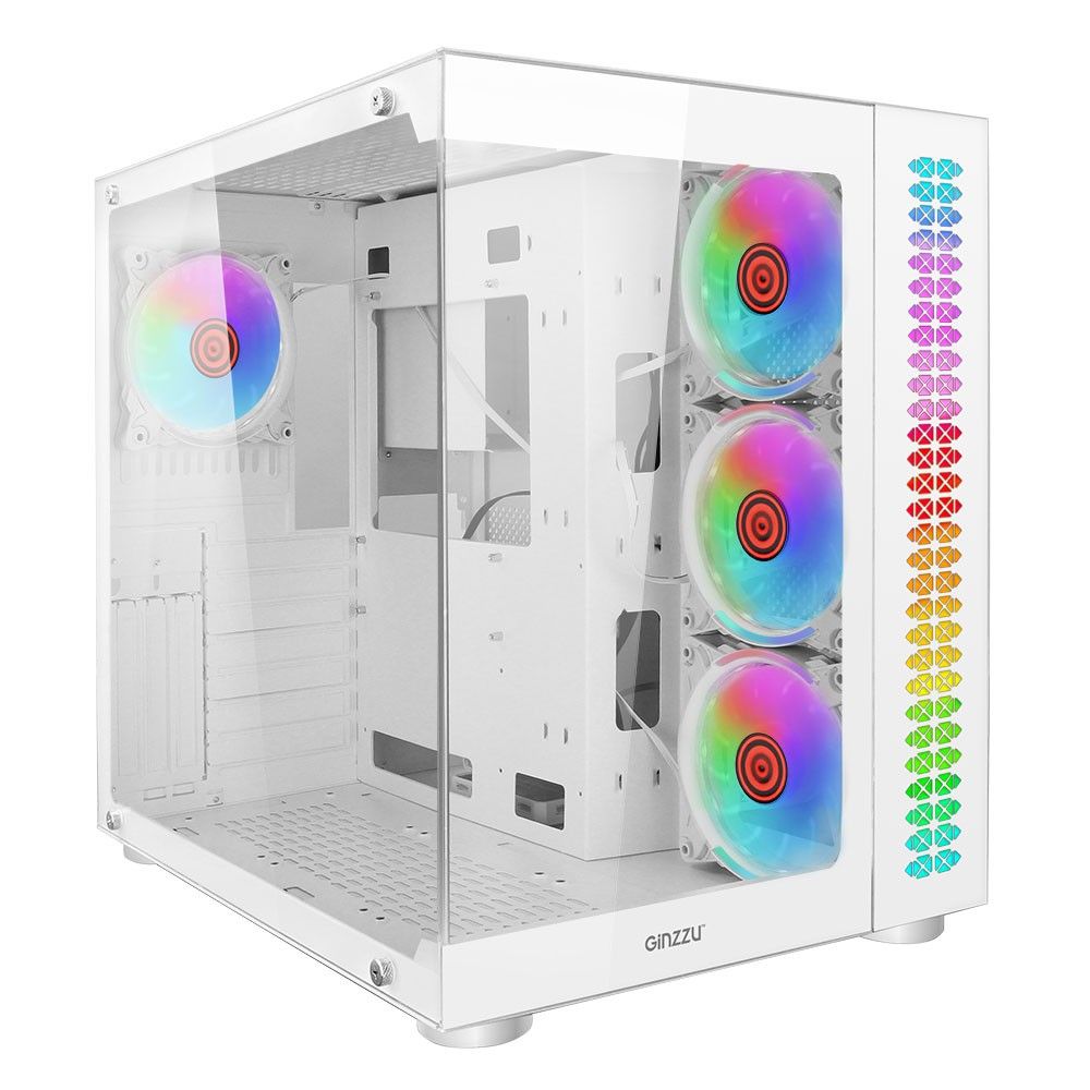 Ginzzu корпус V590 RGB подсветка, контроллер CRC10, 4 12RW6 FAN 12CM RGB, закаленное стекло 1 USB 3.0,1 USB 2.0, AU Белый AT