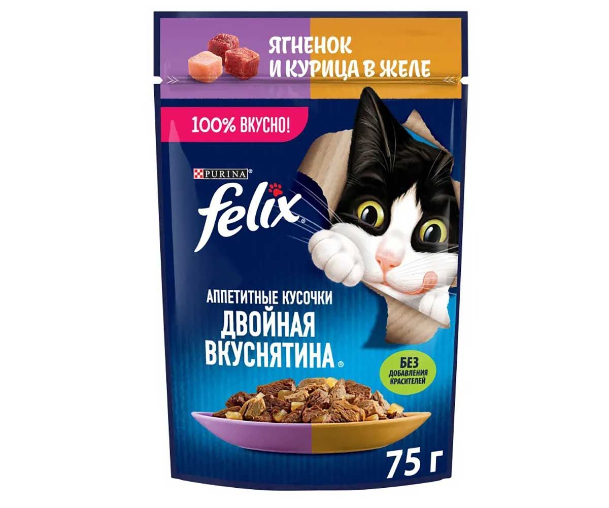 ВлажныйкормФеликсдвойнойвкуспаучдлякошек75гягненок,курицажеле