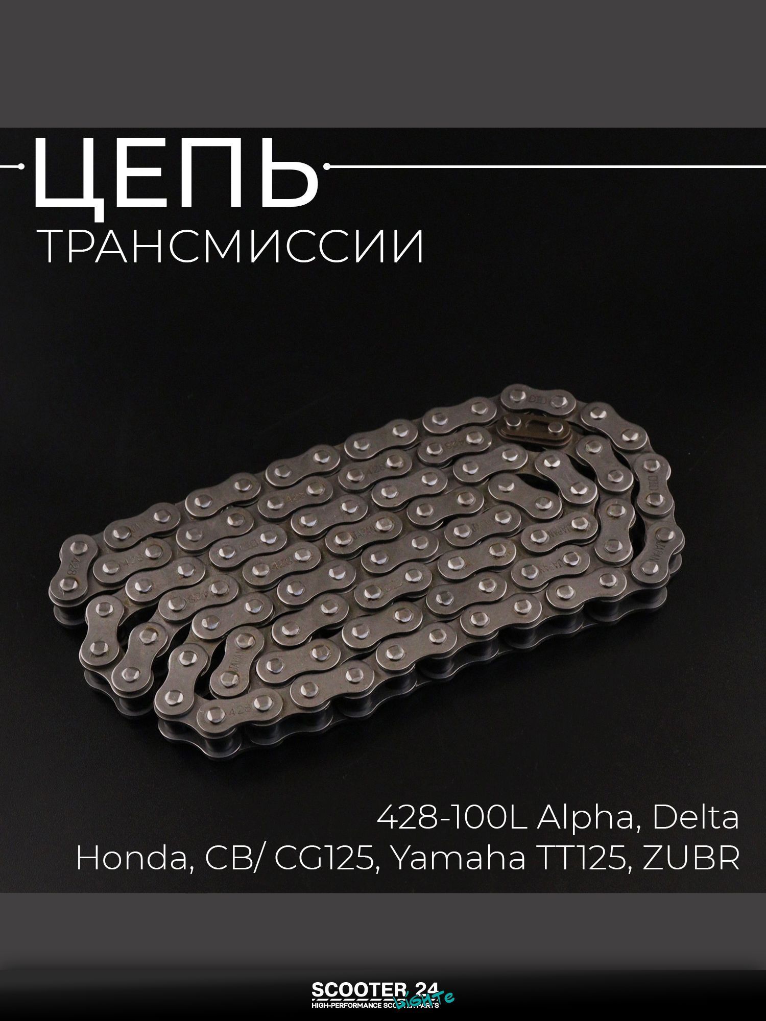 Цепь трансмиссии 428-100L для мопеда и мотоцикла Alpha, Delta / Альфа Дельта, Honda, CB/ CG125, Yamaha TT125, ZUBR "DID"