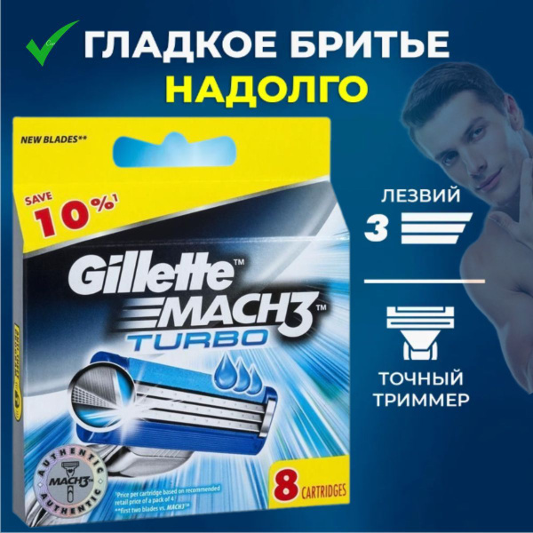 Сменные Кассеты Gillette Mach3 Turbo для мужской бритвы 8 шт, с 3 ...