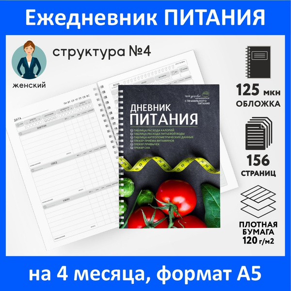 Дневник-планер (ежедневник) питания для похудения А5, на 2 месяца, 150 ...