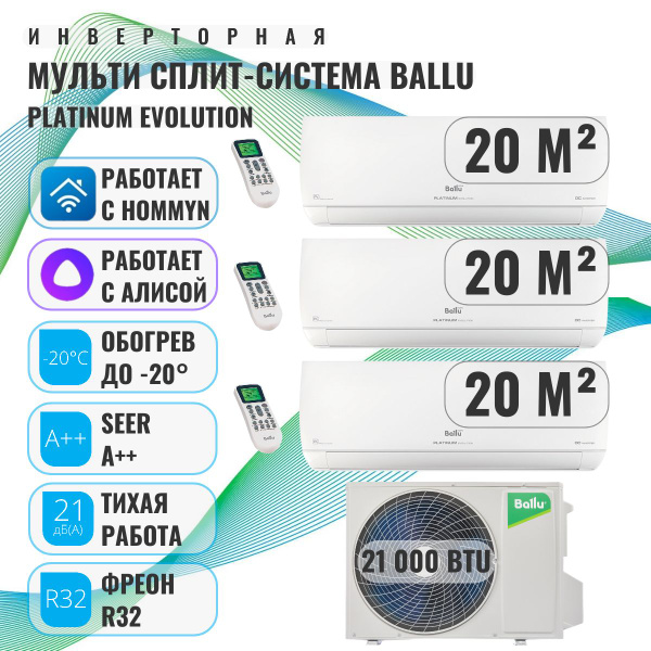 Мульти сплит-система BALLU на 3 комнаты (20 м2 + 20 м2 + 20 м2) BA3OI ...