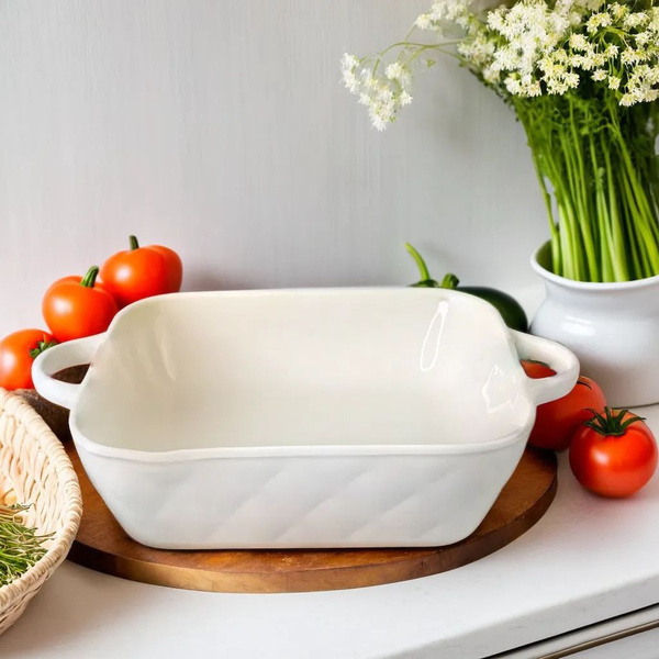 Квадратное блюдо для запекания 27 см BIANCO фарфоровое белое с ручками ...