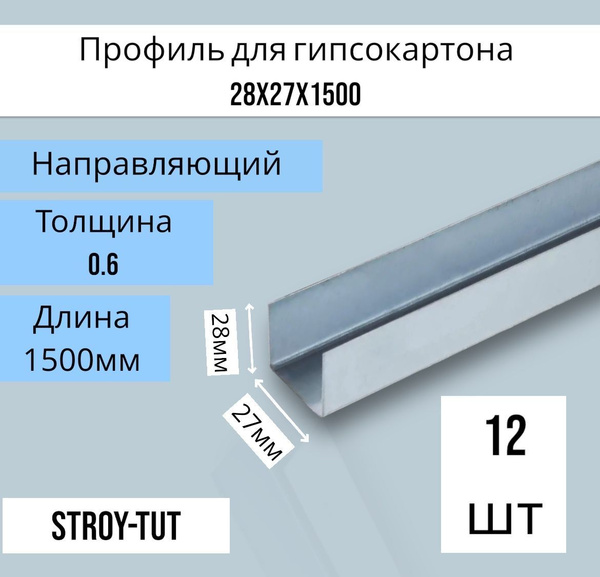 Профиль для гипсокартона , направляющий 28х27х1500 толщина 0,6 мм ( 12 ...