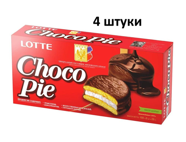 Печенье прослоенное глазированное Lotte Choco Pie (Чокопай) 168 гр 4 шт ...