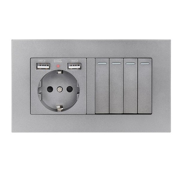 Выключатель механический с розеткой, 2 USB ,1 розетки 4 клавиша ,146mm ...