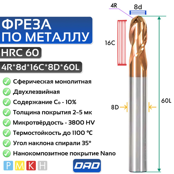 Концевая Сферическая Фреза DAD по металлу, 60.2х50 мм - купить по ...