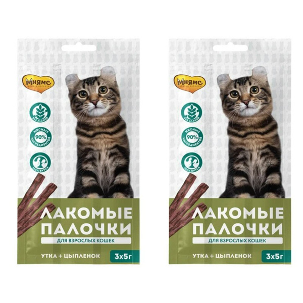 Мнямс Лакомые палочки для кошек с Цыпленком и Уткой, 13,5 см, 3 шт по 5 ...