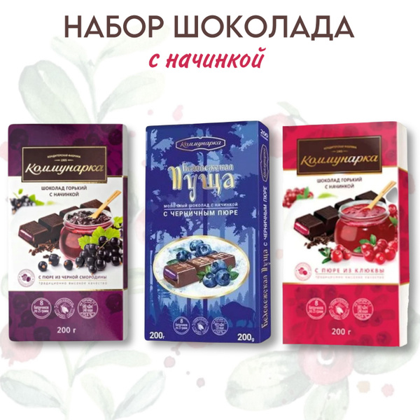Шоколад Коммунарка с начинкой, 3 вида (Черная смородина, Клюква ...