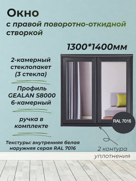 Пластиковое окно ПВХ (1300*1400) поворотно-откидная правая створка ...