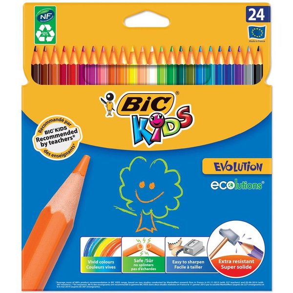 Цветные карандаши 24 цвета, детские, шестигранные, ударопрочные, BIC ...