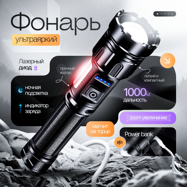 Фонарь ручной аккумуляторный лазерный светодиодный, мощный фонарик c ...