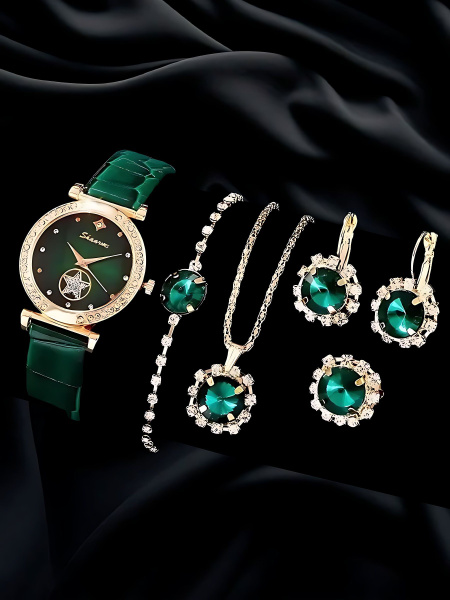 Набор часы с браслетом, цепочка с кулоном, серьги, кольцо, часы женские ...