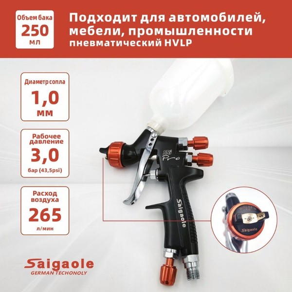 краскопульт пневматический HVLP Saigaole , сопло 1,0 мм и верхний бачок ...