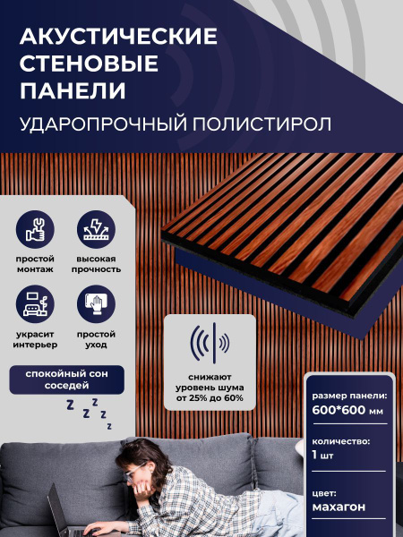 Стеновая панель реечная акустическая, Махагон, 60*60 см купить на OZON ...