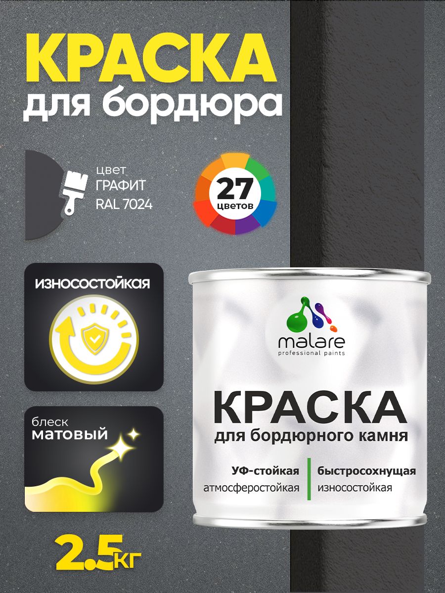 Краска Malare для бордюрного камня, тротуарных камней и плит, износостойкая, быстросохнущая, матовая RAL 7024, графитово-серый(темный), 2,5 кг