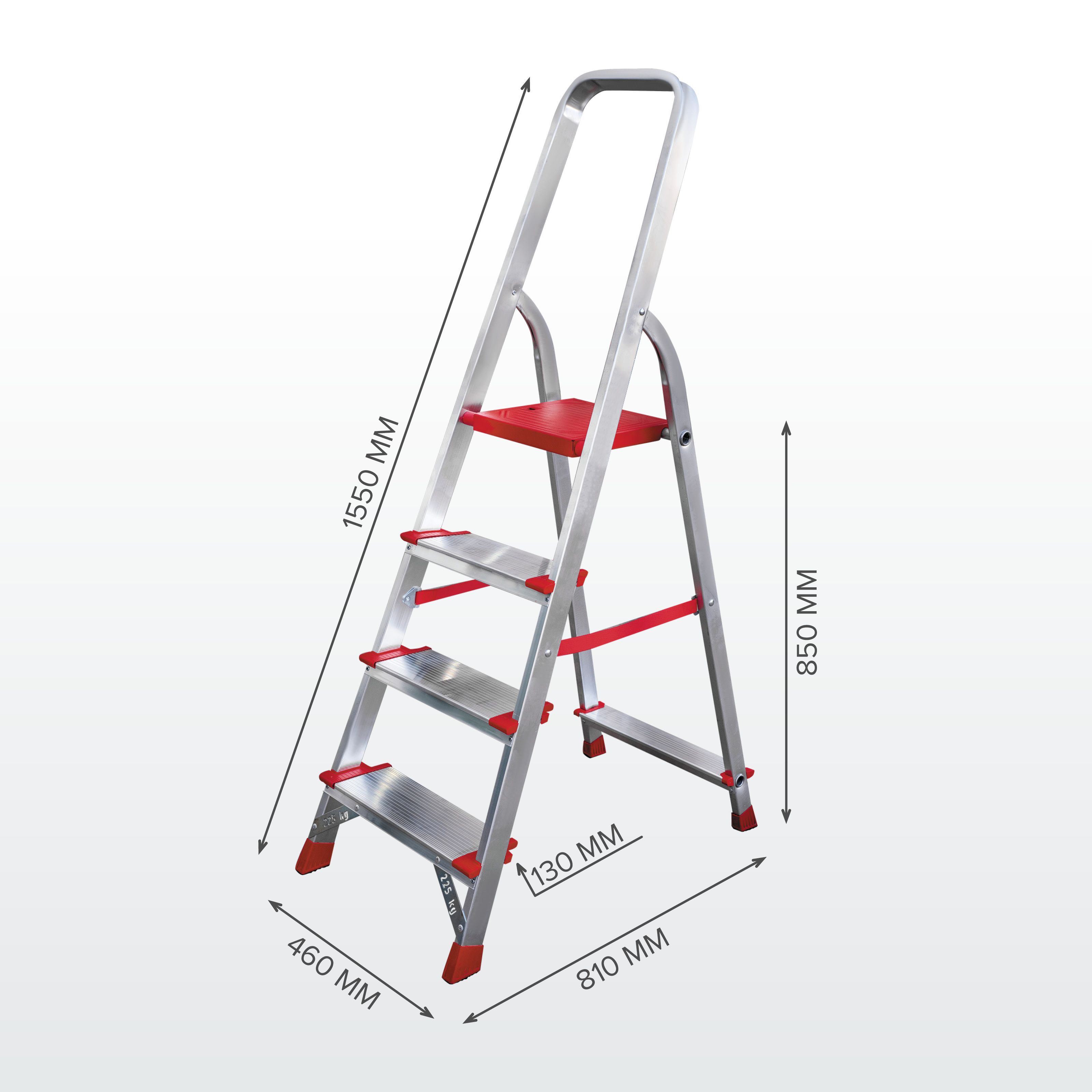 Стремянка 4 ступени NV 3117 Новая Высота алюминиевая, широкая ступень 130 мм. Максимальная нагрузка 225 кг.