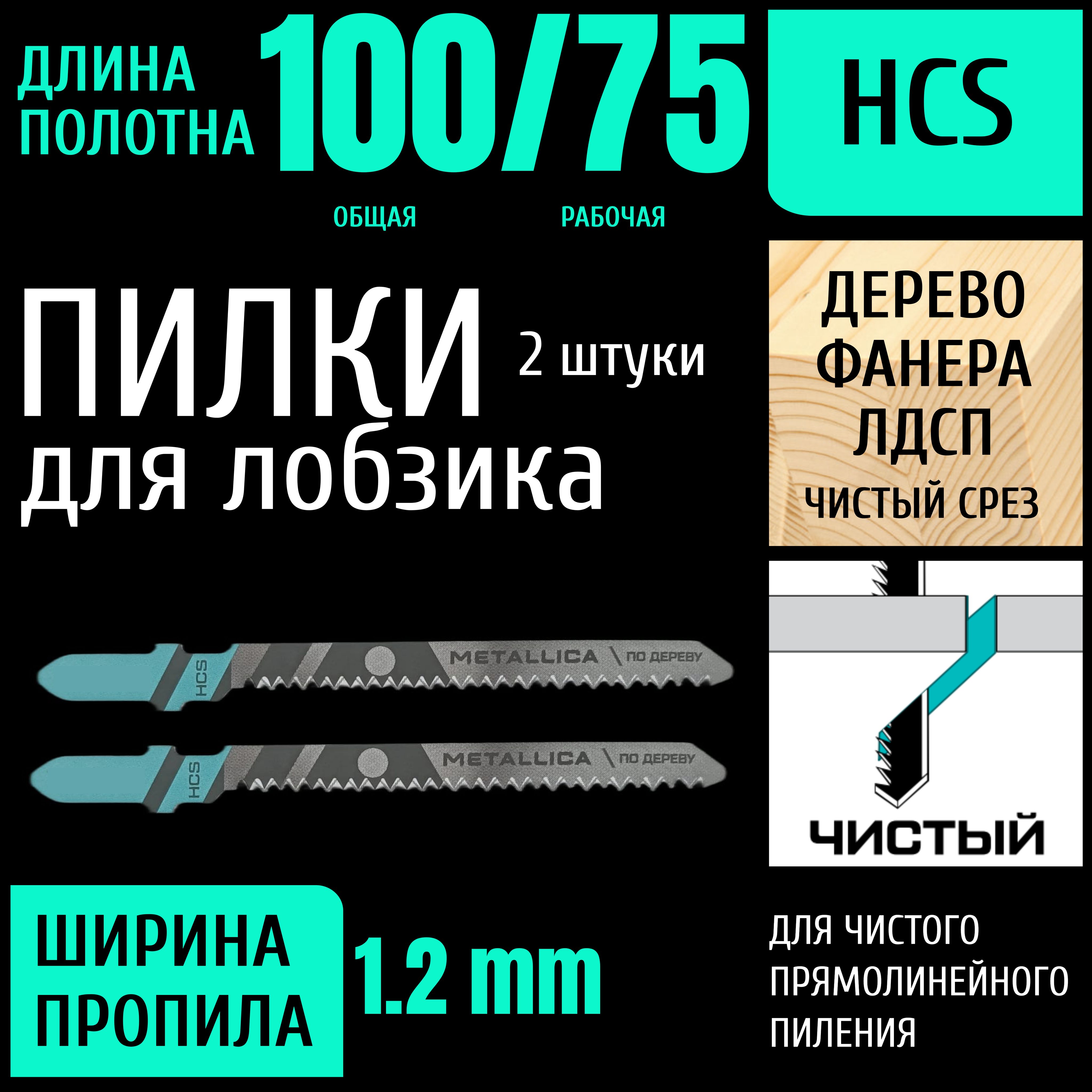 Пилки для лобзика 100/75мм ПО ДЕРЕВУ 3-50мм HCS ПРЯМОЛИНЕЙНЫЙ чистый рез, 2шт