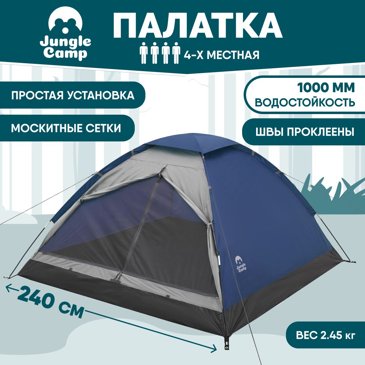 Палатка четырёхместная JUNGLE CAMP Lite Dome 4, 4-х местная, цвет: синий/серый