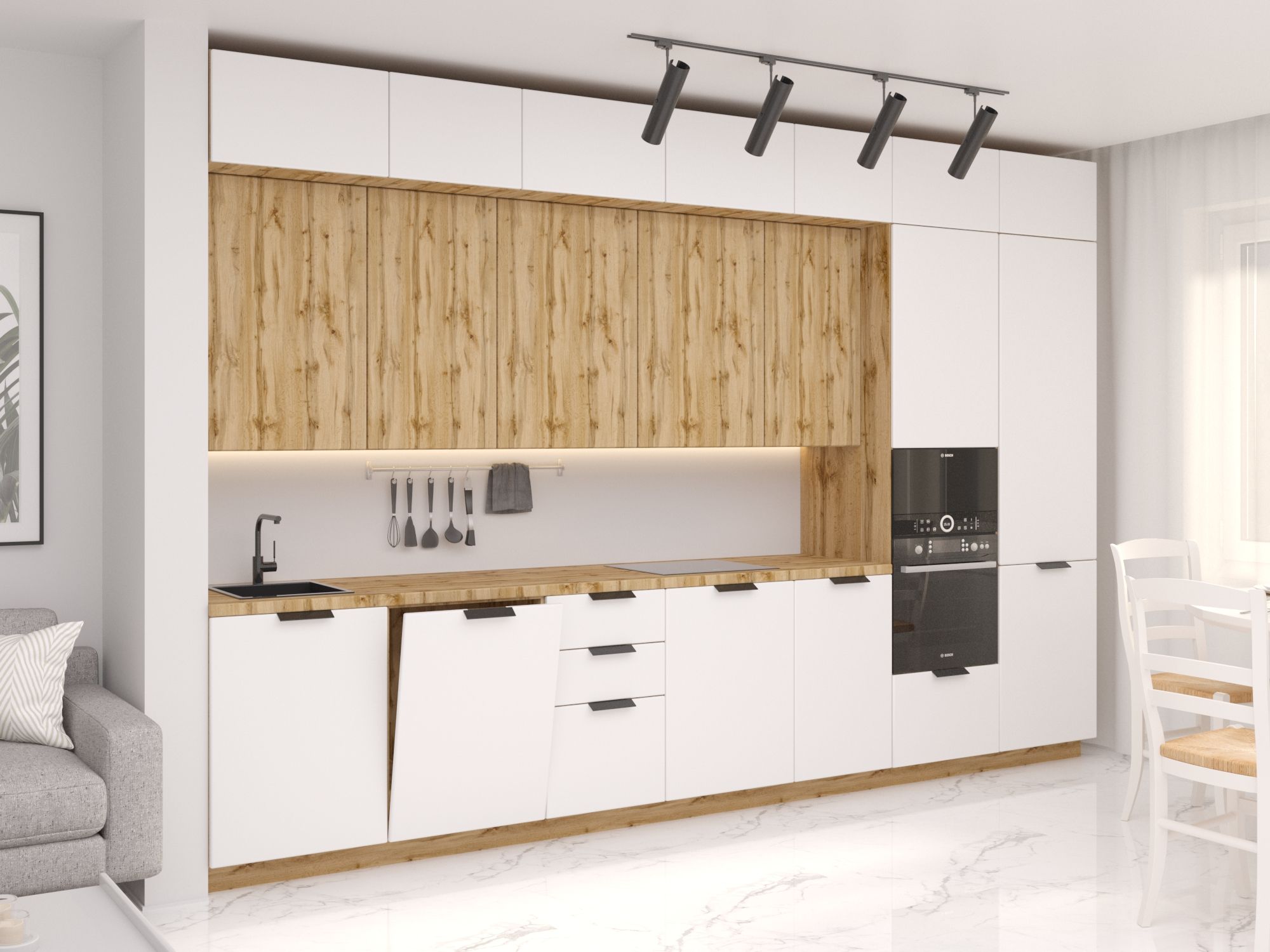 КухонныйгарнитурФьюжнSilkyWhite/ФлэтWotanOak2S,4000мм