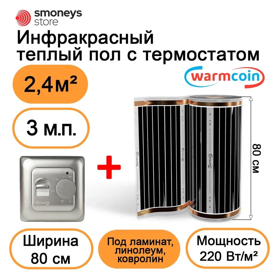 Теплыйполэлектрический80см,3м.п.220Вт/м.кв.стерморегулятором