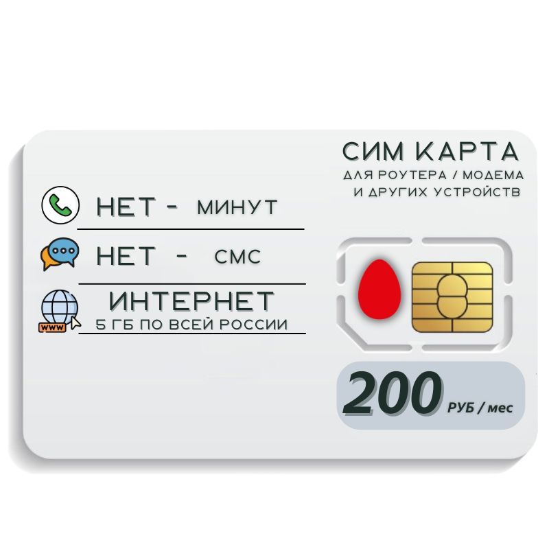 SIM-карта Сим карта интернет 200 руб. в месяц 5ГБ для любых устройств ELTP1v1 (Вся Россия)