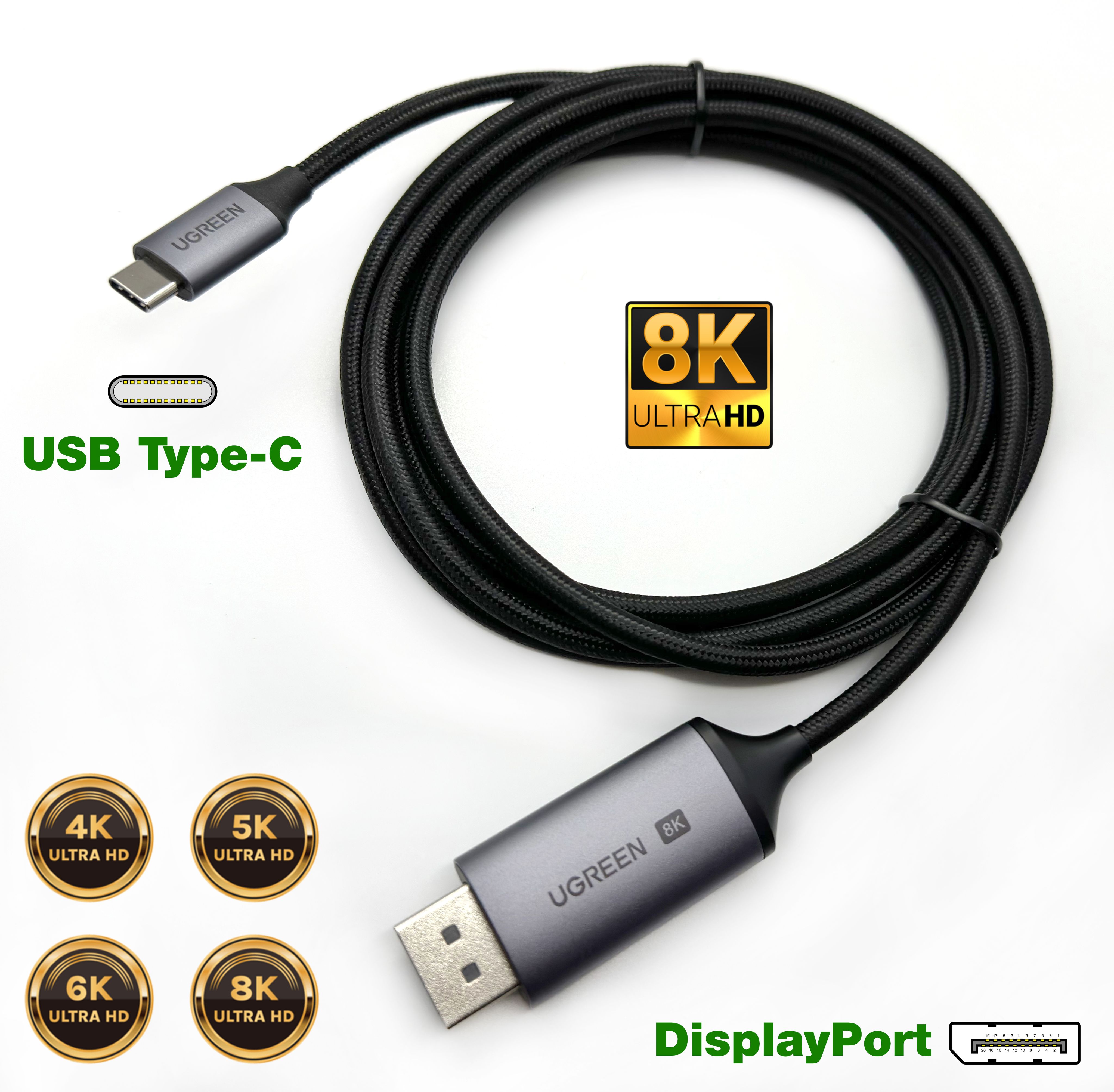 КабельпереходникUGREENPremPackUSBType-C(Thunderbolt3)-DisplayPort1.48K,5K,4K,144Hz,120Hz,60Hz,2метра