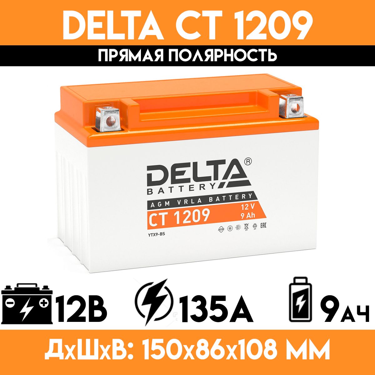 DeltaCT1209-стартерныймотоаккумулятордлямотоцикла,скутера,мопеда,квадроцикла,снегохода(YTX9-BS)