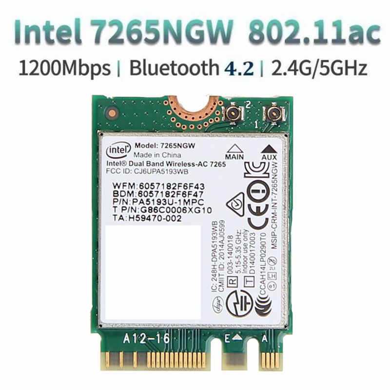 IntelСетеваякартаIntel7265NGWWiFiАдаптер1200Мбит/сBluetooth4.2M.2802.11ACДвухчастотный2.4g5Gдлябеспроводнойкартыдлянастольныхноутбуков