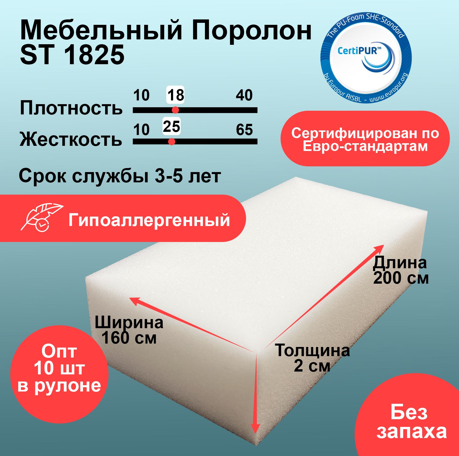 ПоролонST1825лист20x1600x2000ммумеренномягкий,эластичныйпенополиуретан1,6на2метрадлябытовыхзадачирукоделиятолщиной2см