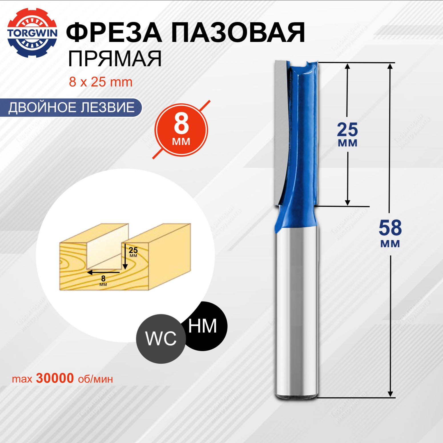 Фреза по дереву 8 х 25 мм S8 Z2 пазовая прямая TORGWIN