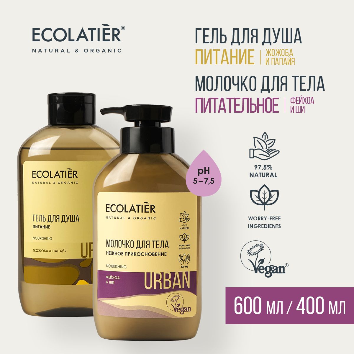 ECOLATIER / Гель для душа Жожоба и Папайя, Молочко для тела Нежное Прикосновение, 600 и 400 мл