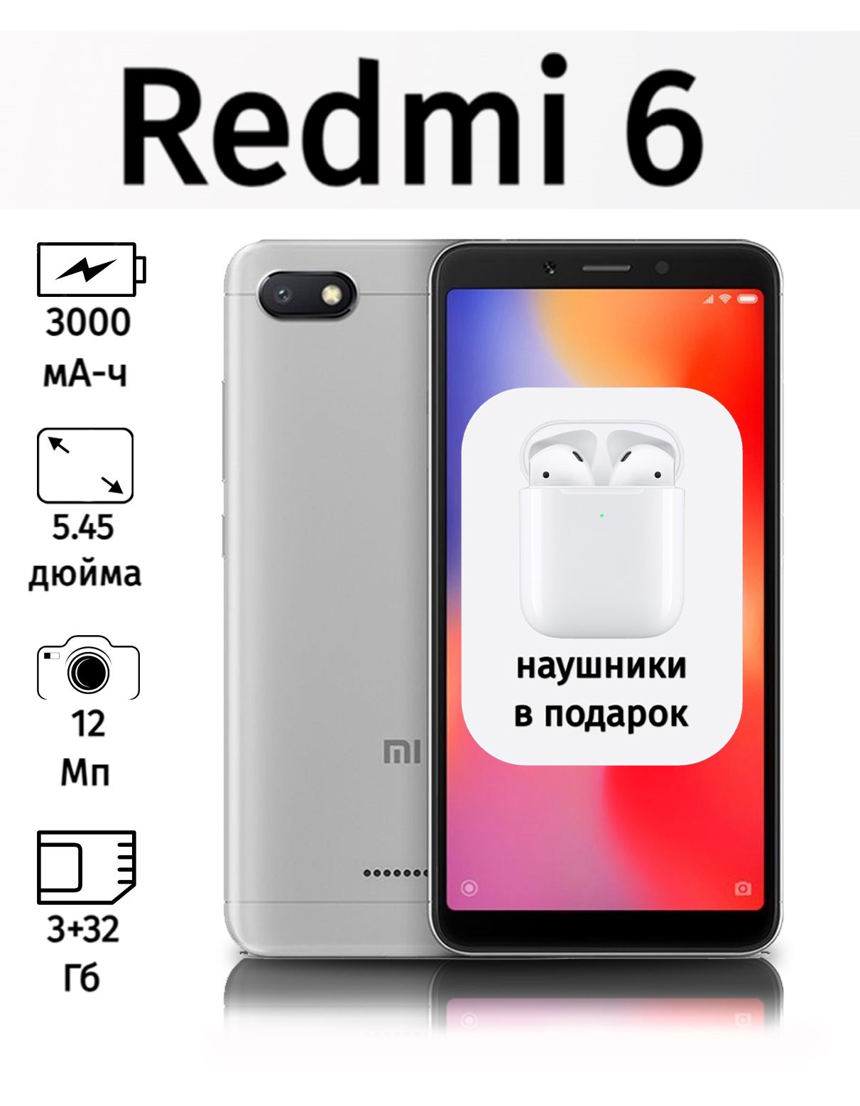 Redmi Смартфон Redmi 6 Global 3/32 ГБ, светло-серый