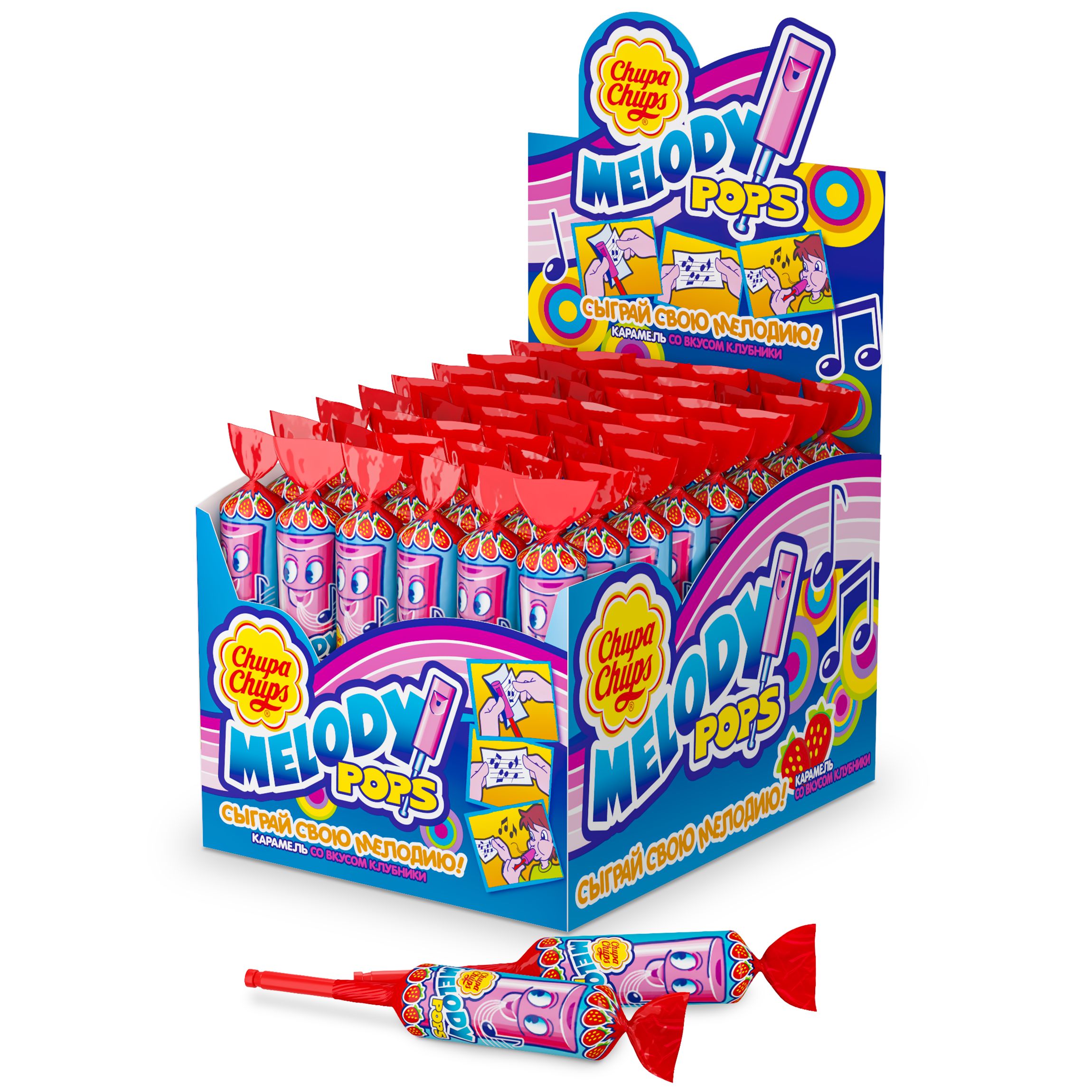 Карамель Chupa Chups МЕЛОДИ ПОПС со вкусом клубники, 48 шт по 15 г