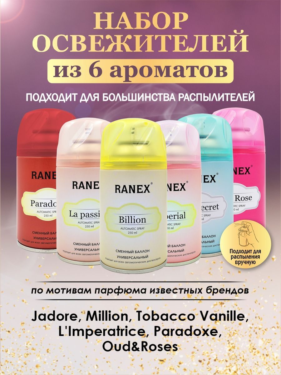 Освежитель воздуха; сменный аэрозольный баллон , 6 шт (J'adore, Million, Out Rose, L'Imperatrice, Tobacco Vanille, Paradox)