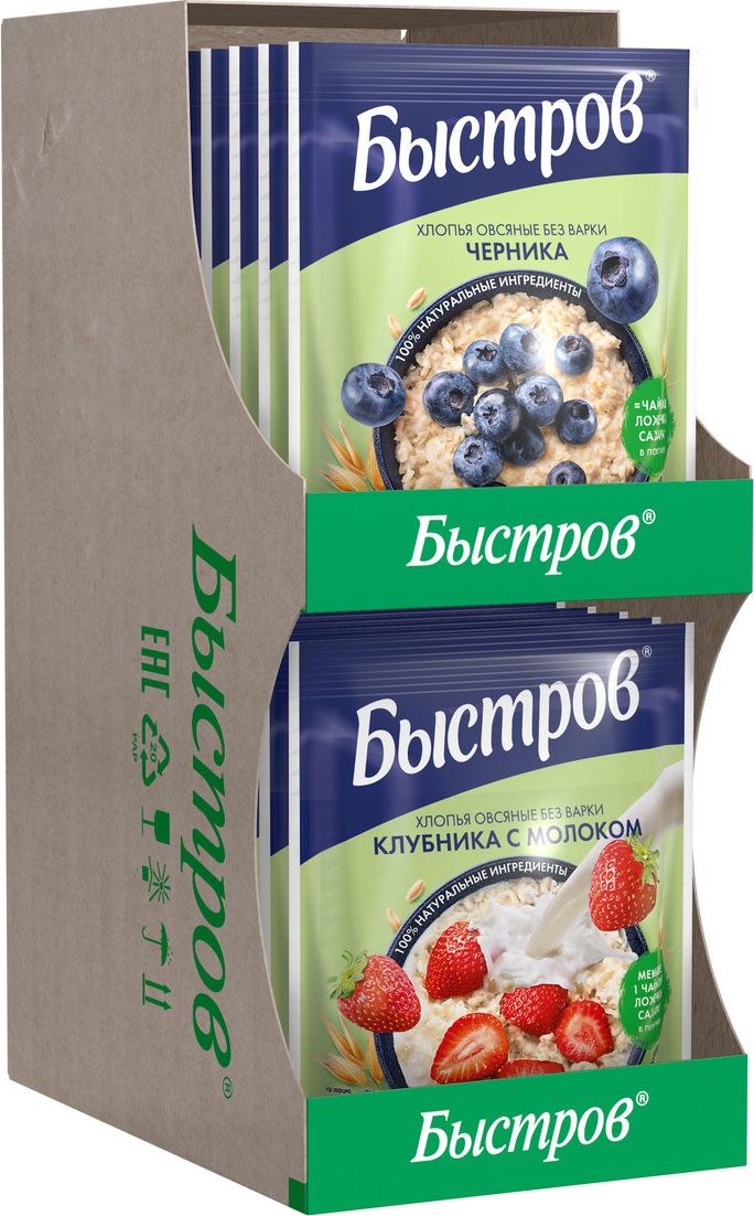 Хлопья Быстров овсяные с черникой, не требующие варки, 40 г х 10 шт и с клубникой и молоком, не требующие варки, 40 г х 10 шт