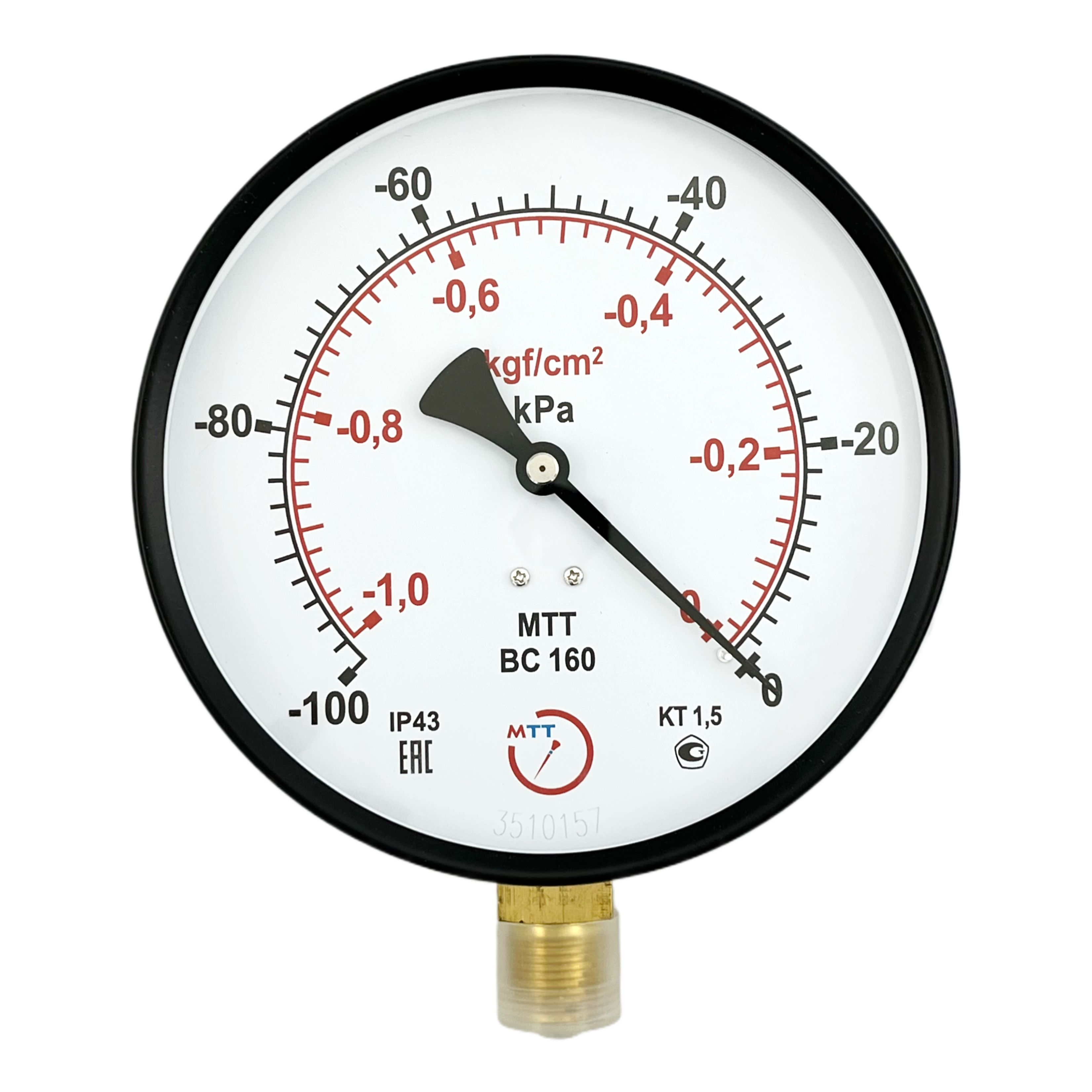 Вакуумметр ВС160 -100-0 кПа (-1-0 бар) резьба М20х1,5 класс точности 1,5