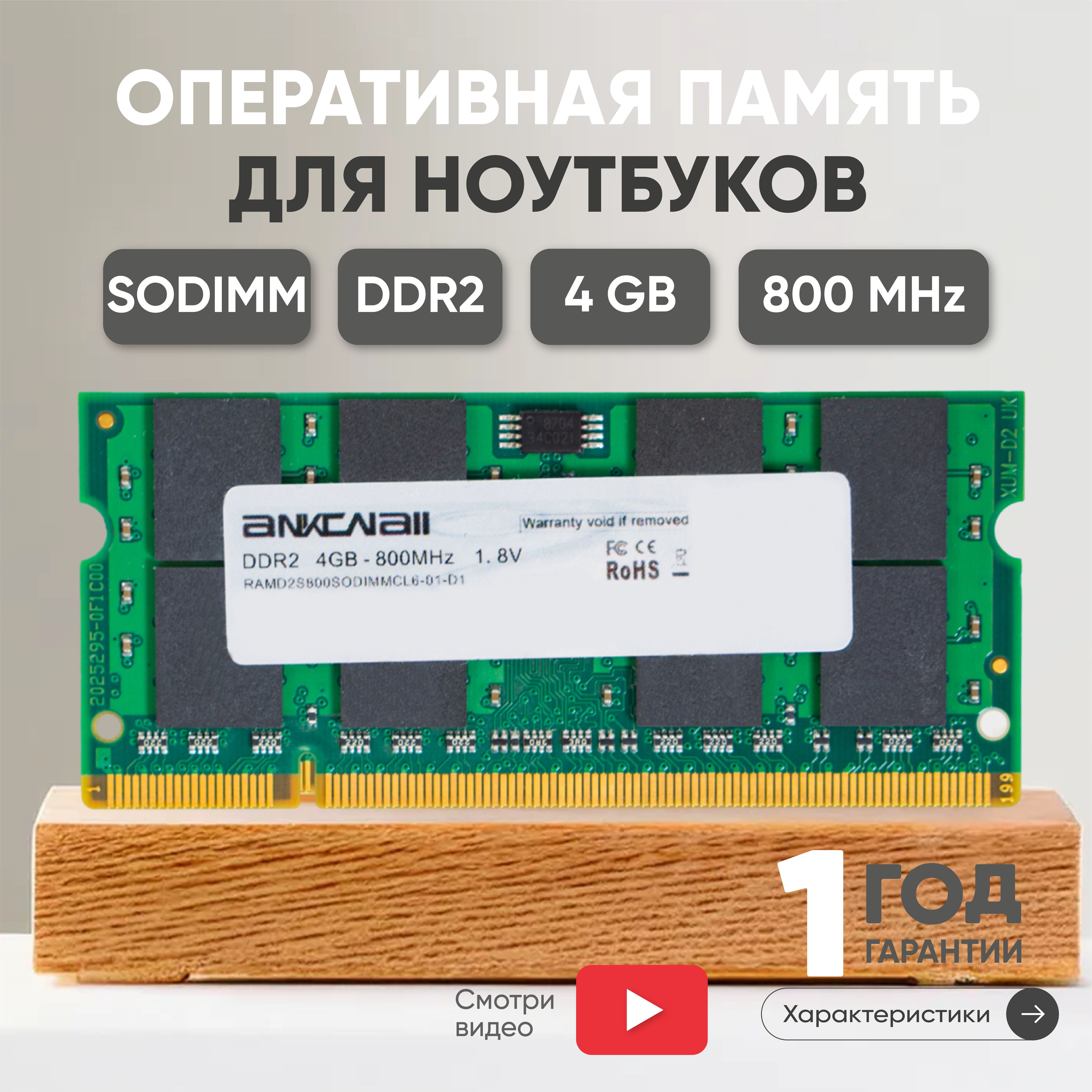 AnkowallОперативнаяпамять(ОЗУ,оперативка)дляноутбука,DDR2,4Gb,800MHz,1.8V,SODIMM,PC2-64001x4ГБ(RAMD2U800G128MB19-01-D1)