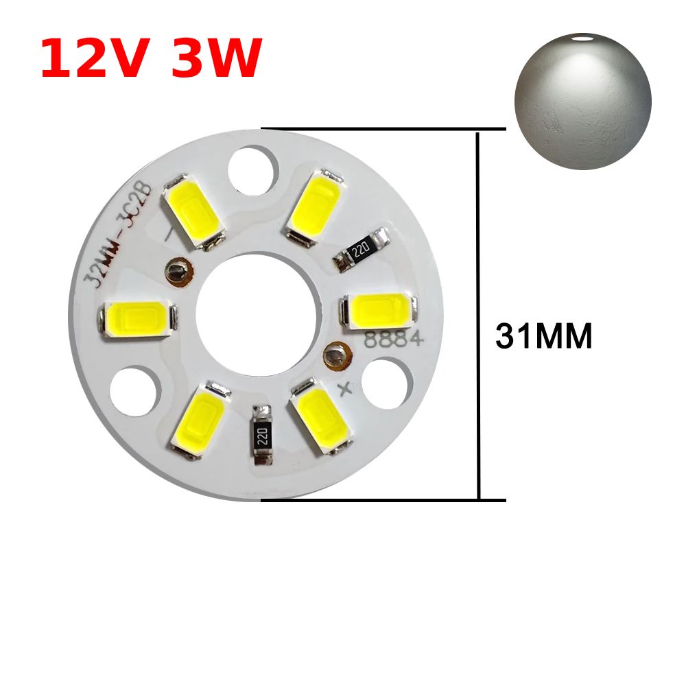 Алюминиевая круглая светодиодная плата (модуль) D31 12V 3W 6led smd 5730, белый нейтральный свет 4000K