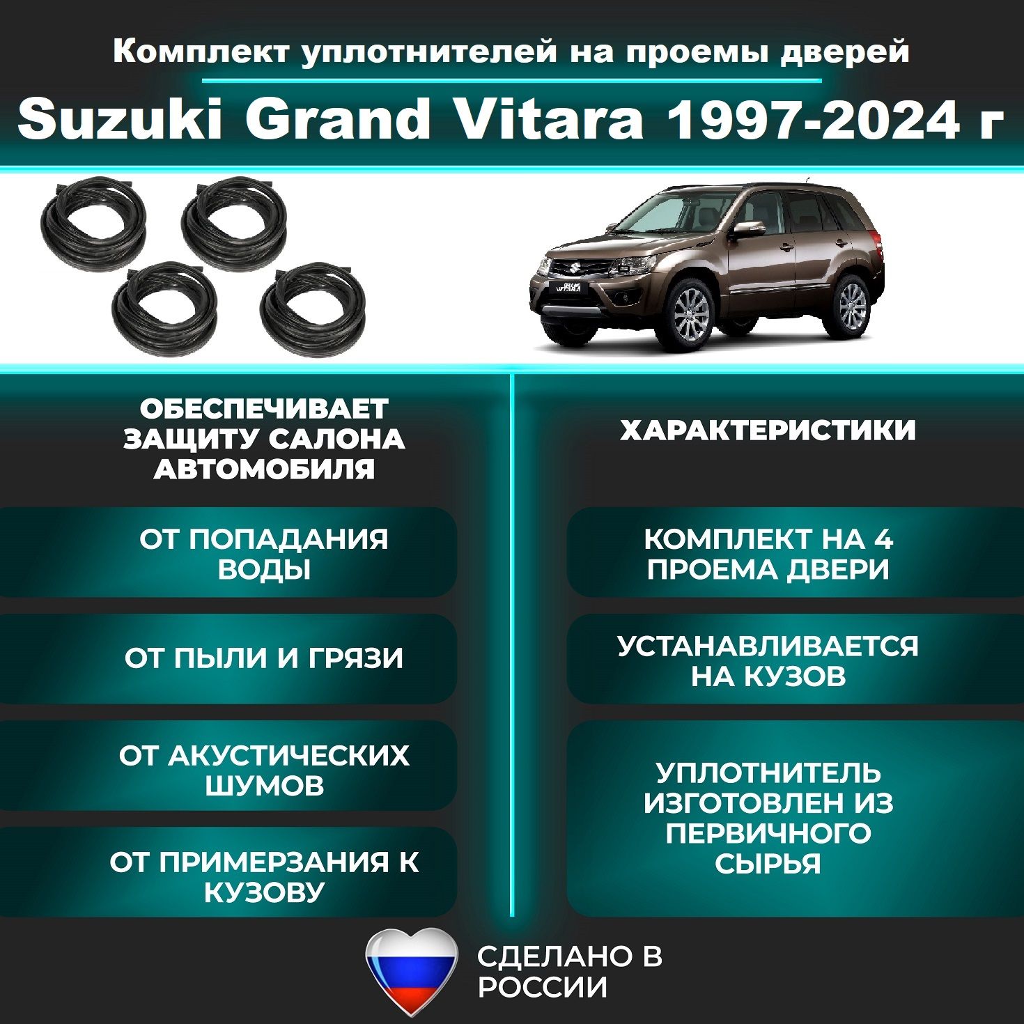 Комплект уплотнителей проемов дверей для Suzuki Grand Vitara 1997-2024 г. / Сузуки Гранд Витара (на 4 дверных проема - 2 передних и 2 задних)