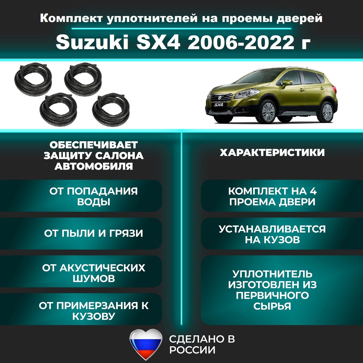 Комплект уплотнителей проемов дверей для Suzuki SX4 2006-2022 г. / Сузуки СХ4 (на 4 дверных проема - 2 передних и 2 задних)