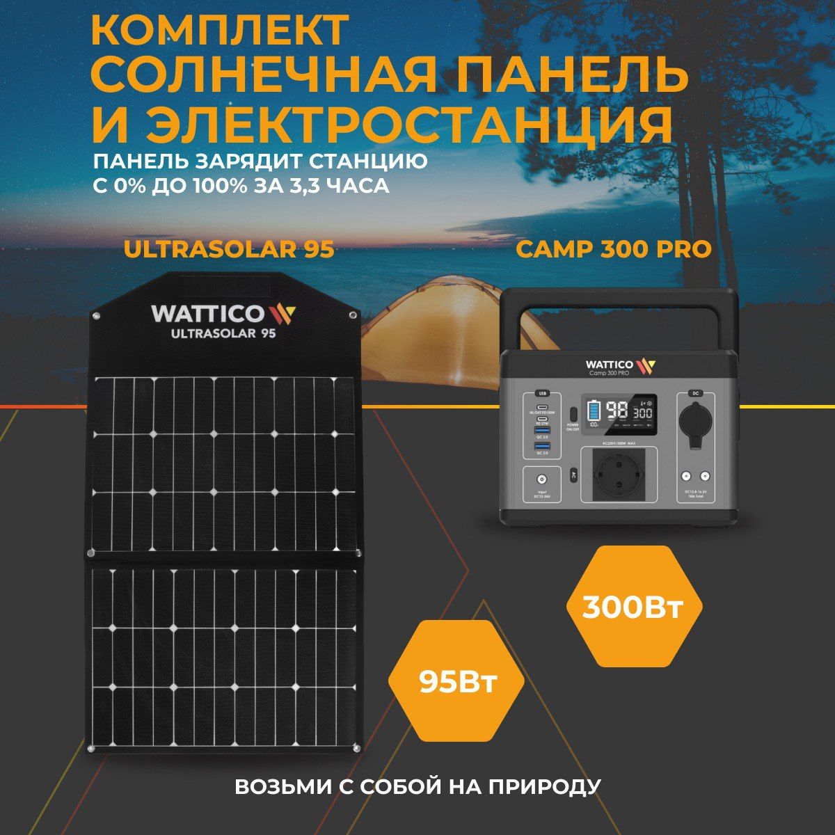 ПортативнаяэлектростанцияWATTICOCamp300Pro+солнечнаябатареяUltraSolar95Втдлякемпингаитуризма