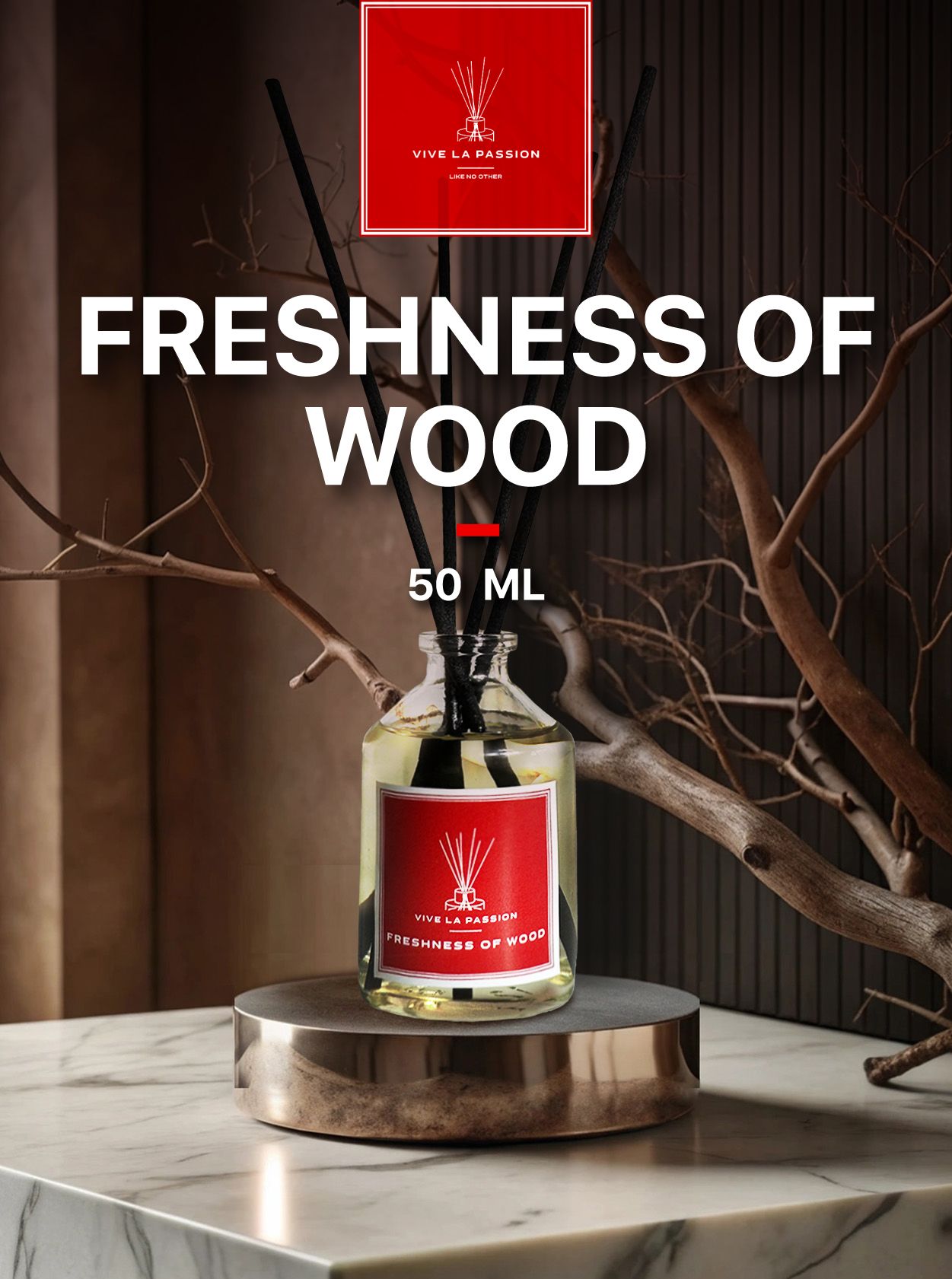 Диффузорароматический"FreshnessofWood"(Свежестьдревесины)ViveLaPassionспалочками50мл.Длядома,спальни,гардеробной,гостинойиприхожей