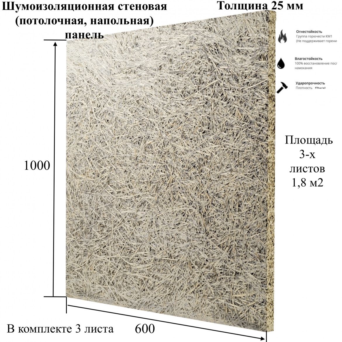 Стеновая(потолочная)негорючаяпанель25мм,570кг/м3,1000*600мм(3штуки)