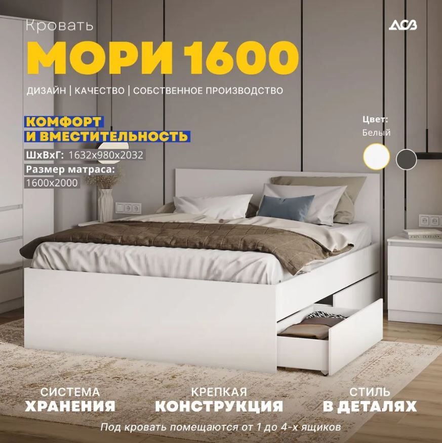 Кроватьдвуспальная"Мори"1600.2сдвумяящиками,цветбелый,160х200см