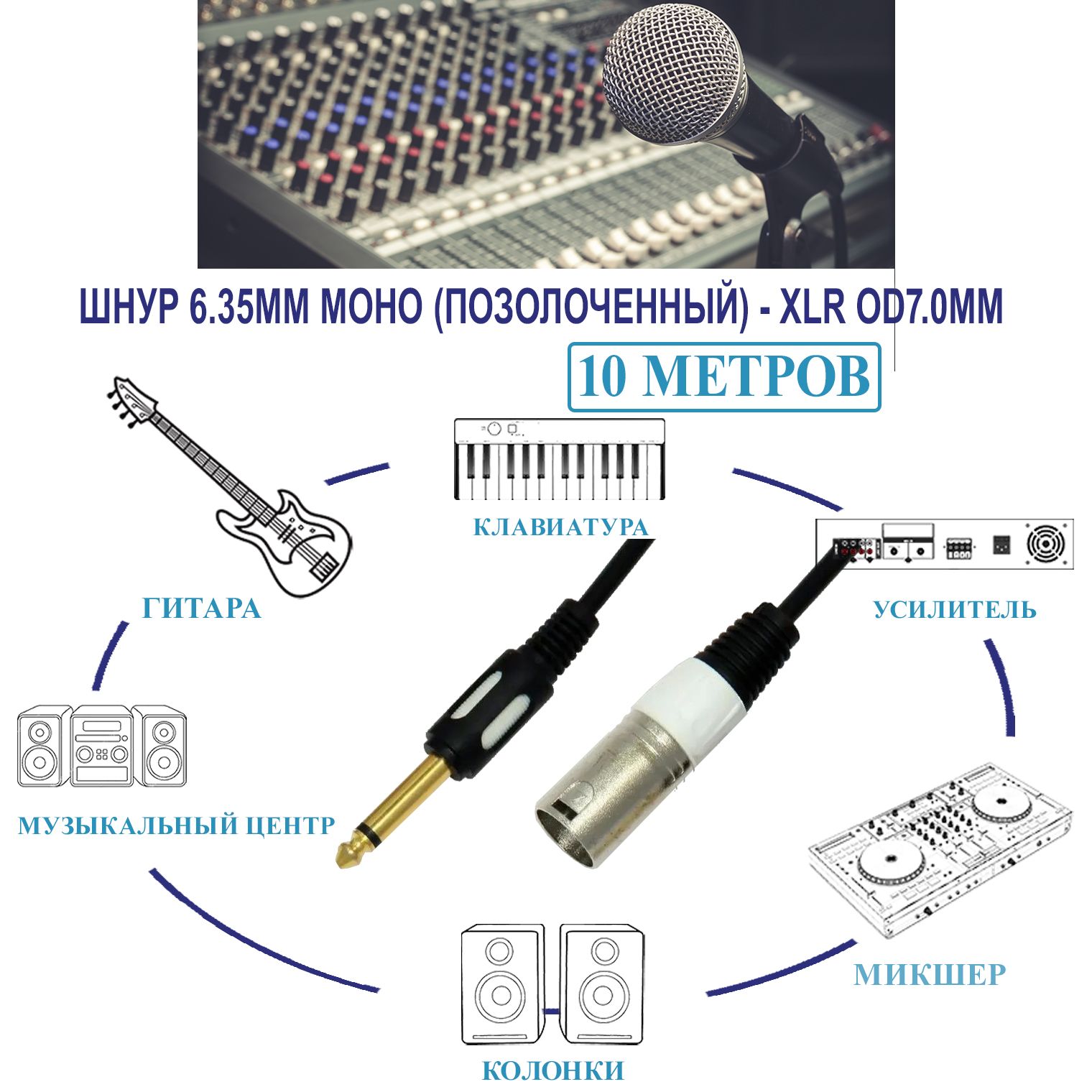 Акустический кабель микрофонный Jack 6.3 mm - XLR Шнур 6.35мм моно (позолоченный) - XLR OD7.0мм 10 метров