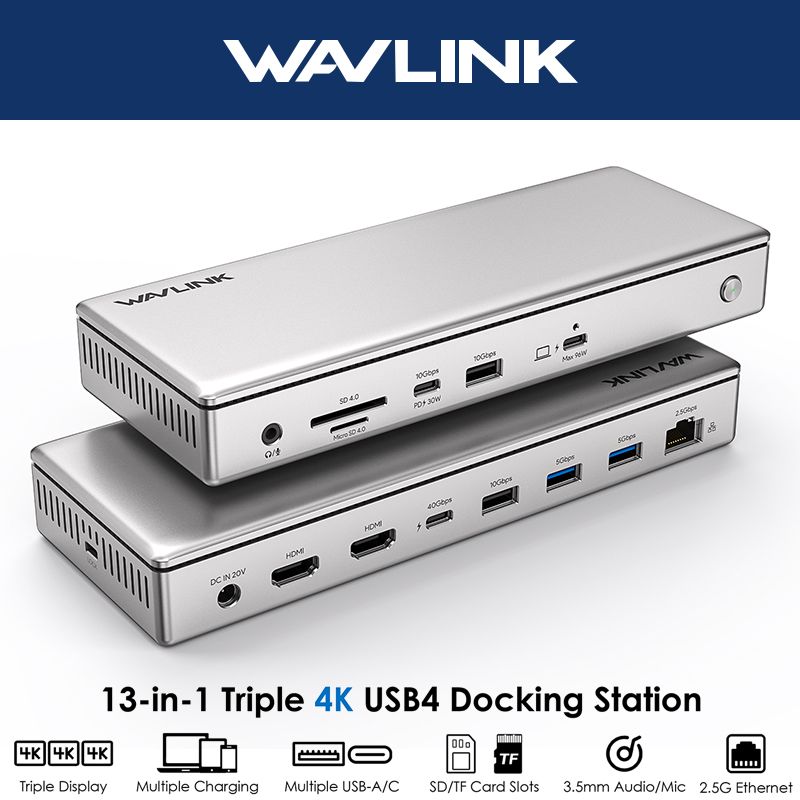 Док-станцияWAVLINKUSB4сдисплеемThunderbolt4/38K/4K,2HDMI,USBсоскоростью40Гбит/с,2,5Гбит/с,SD/TF,АудиодляMacbook