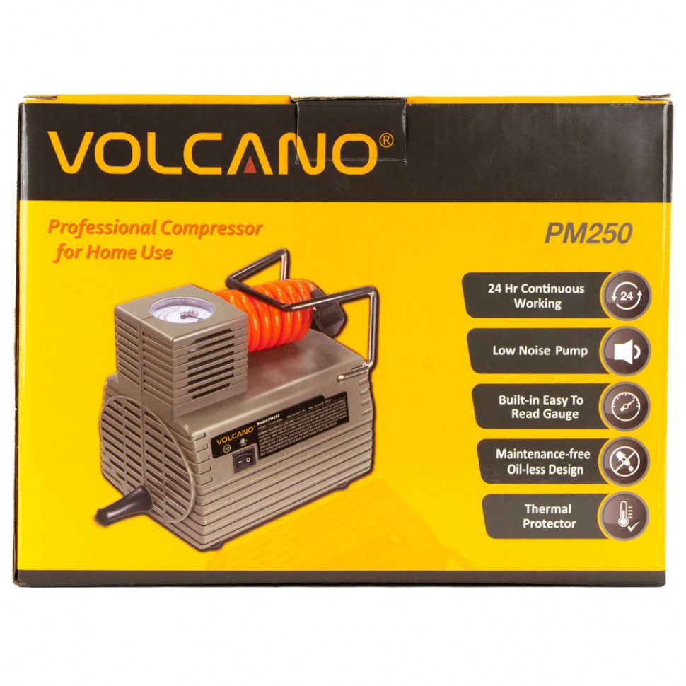 Компрессор электрический VOLCANO, PM250, 46,5 л/мин, 18х14х16 см, манометр, 3 иглы, 95Вт