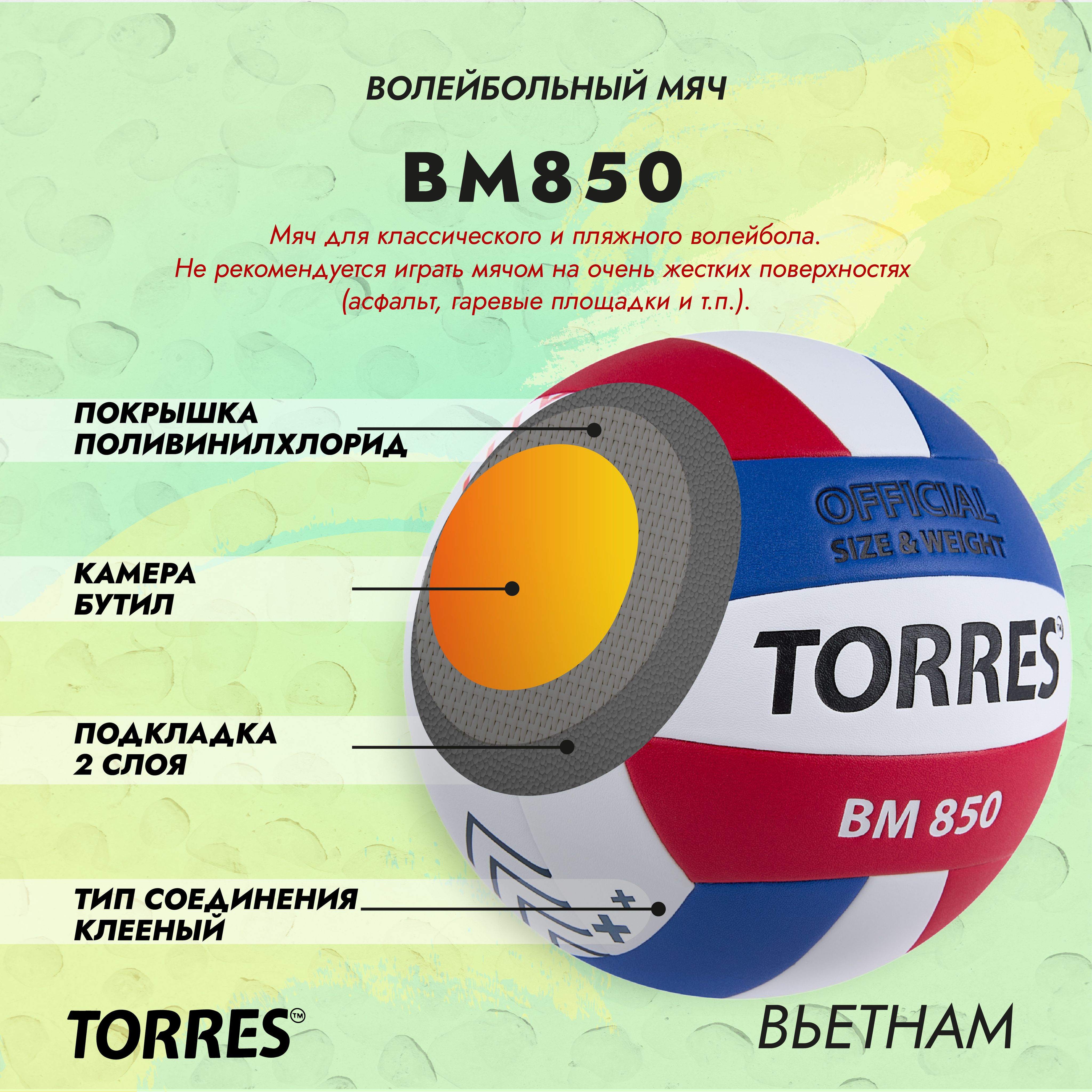 Мяч волейбольный Torres BM850 NEW,поставляется накаченным, размер 5