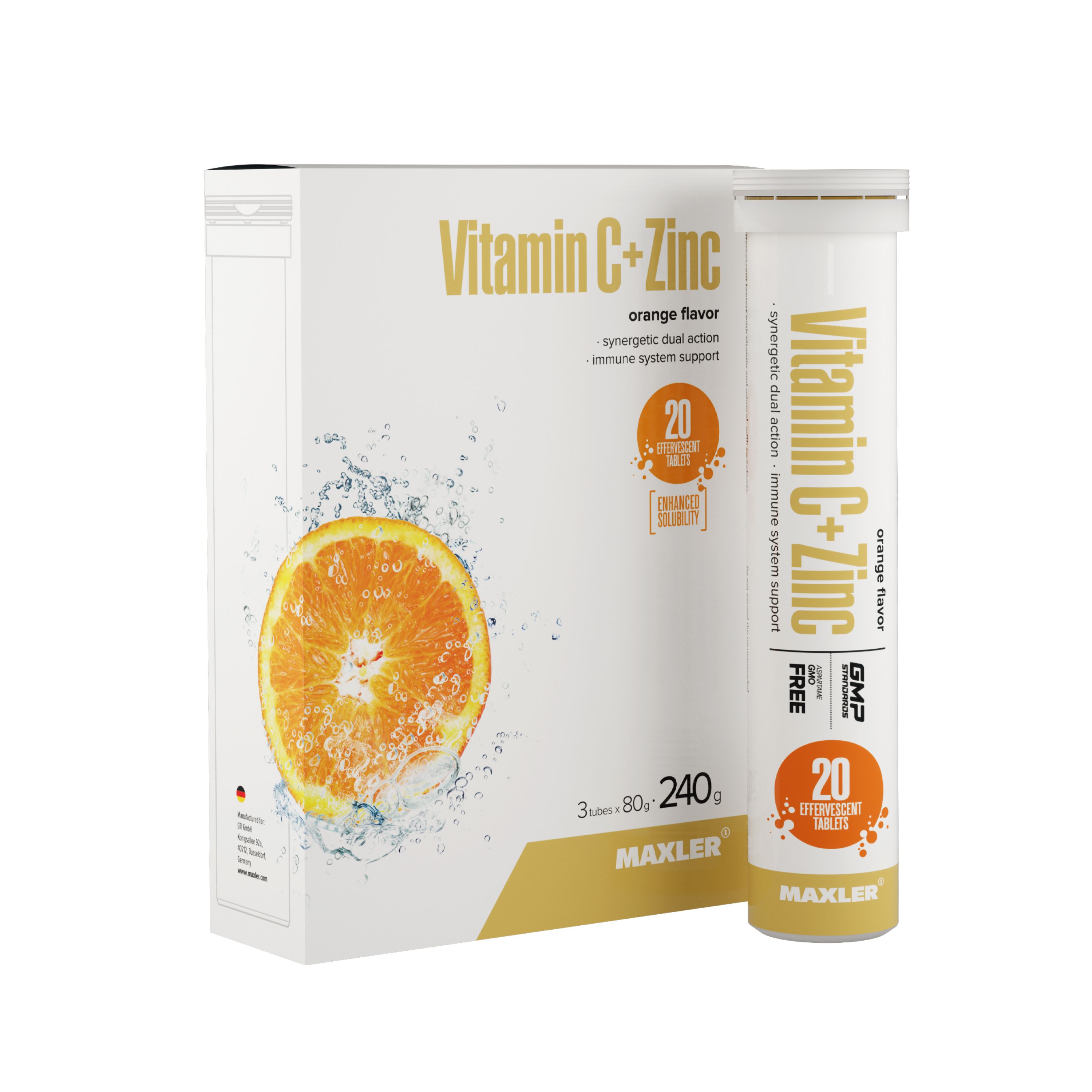 Витамин С + Цинк шипучие витамины в коробке Maxler Vitamin C + Zinc 3х20 шт. Апельсин